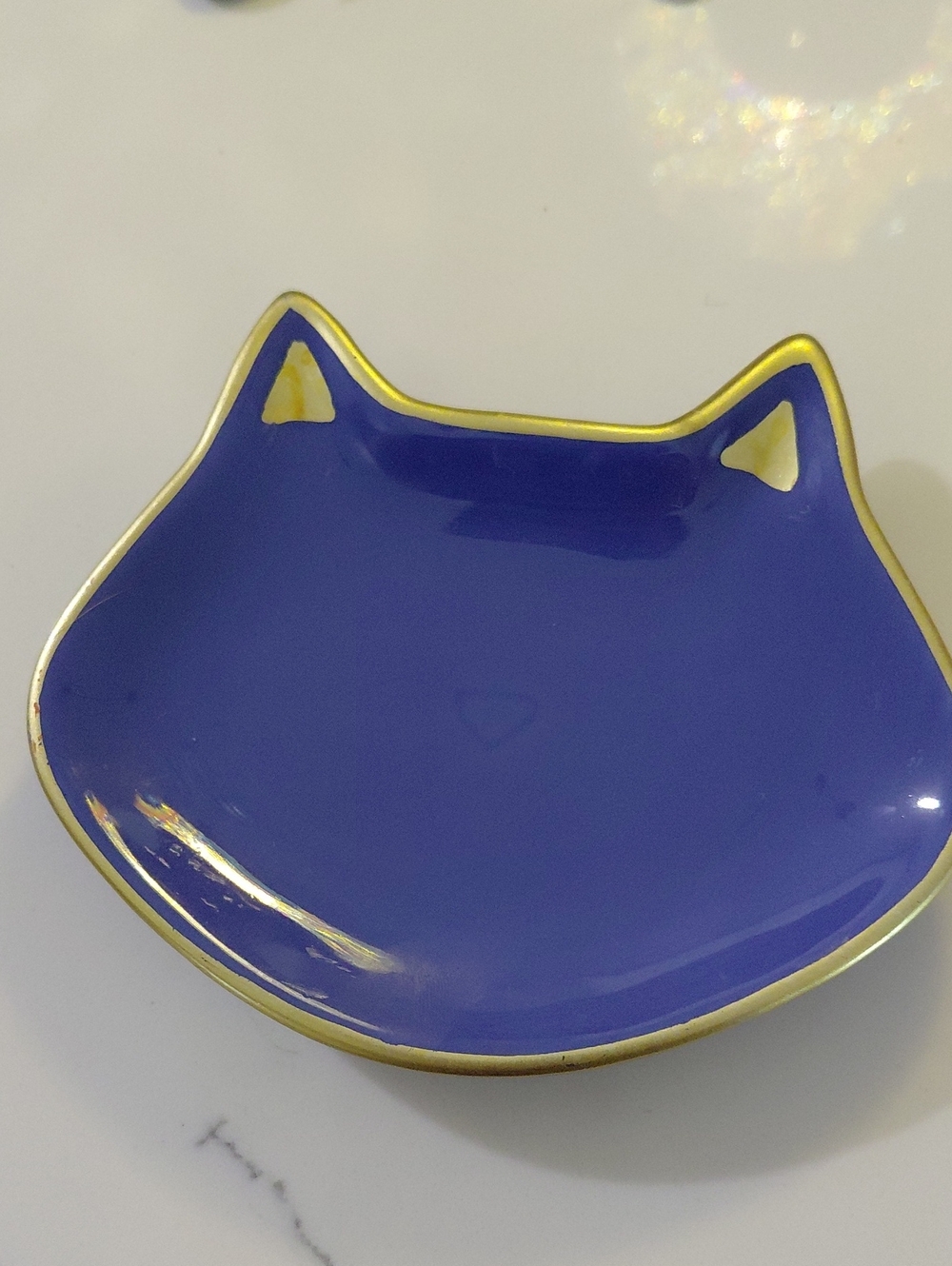 Blue Cat-Shaped Ceramic Ring / Jewerly  with Gold Trim